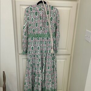 Pink & Green Printed Long-Sleeve Maxi Dress with Tassel Tie